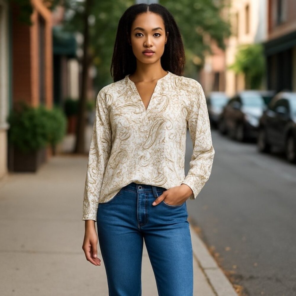 Ralph Lauren Linen Floral Paisley Print Blouse Petite